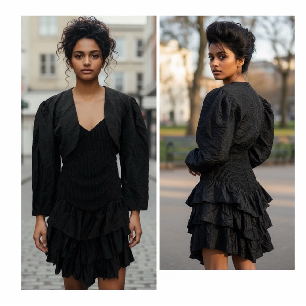 1980s Vintage Black Crinkled Goth Prom Formal Dress & Crop Jacket Size 5